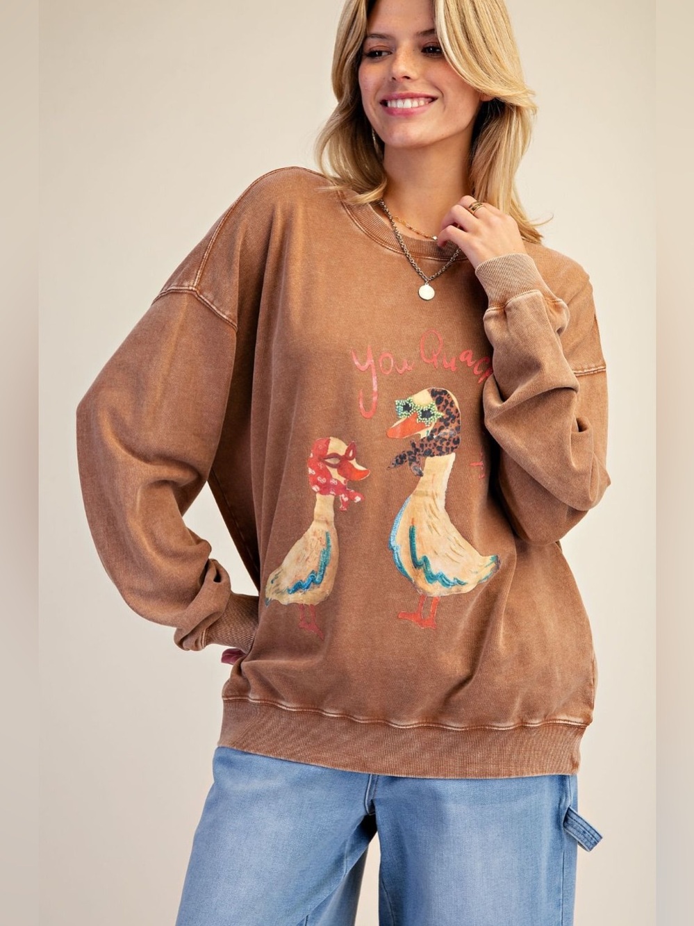 New Easel Cute Mocha Graphic Duck-Print Pullover Acid Washed Sweatshirt